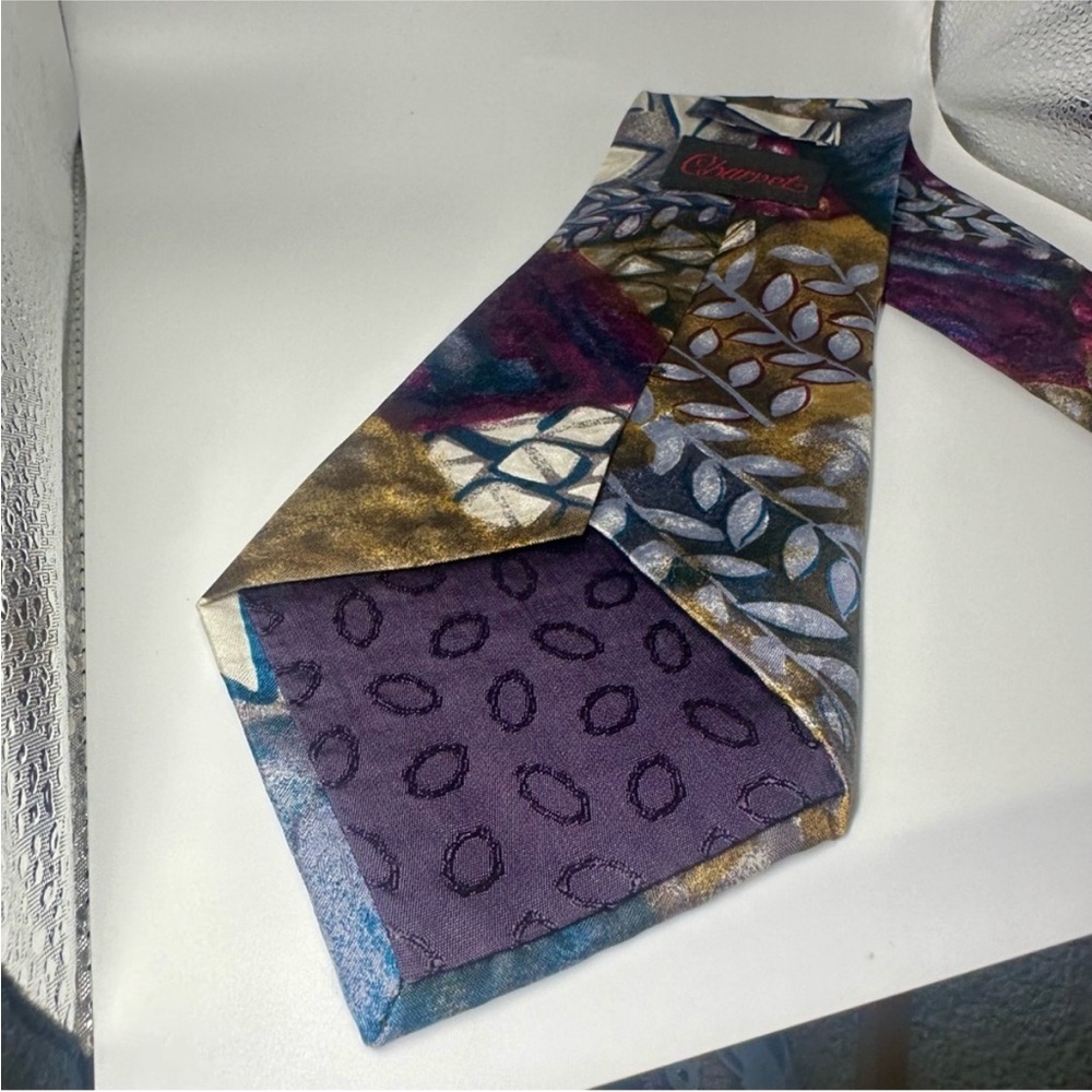 Vintage CHARVET Abstract Floral Jewel-Tone Classic Handmade Silk Tie, 4” - Picture 4 of 7